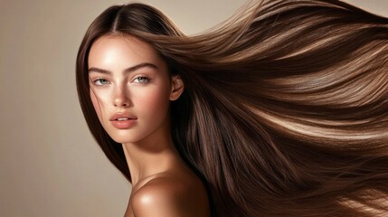 Fototapeta premium A young model posing with sleek, long brown hair that glows with health and shine. The smooth, straight texture of her hair reflects the light beautifully, creating a polished and glamorous look