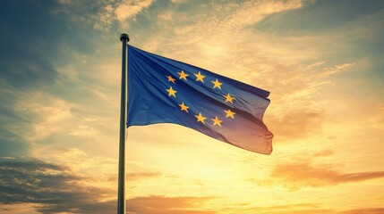 European Union Flag at Sunset, vibrant blue flag with yellow stars billowing in the wind, set against a stunning sunset sky, symbolizing unity and collaboration in Europe