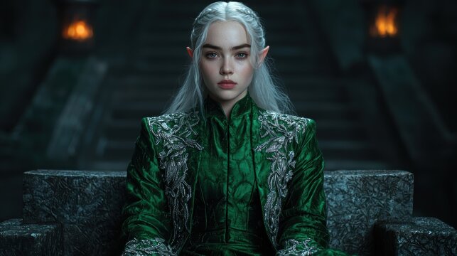 Elegant elf-like woman in green velvet outfit