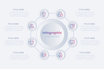 Modern vector neumorphic infographic design template. Ring-like chart with 8 steps of the manufacturing cycle.