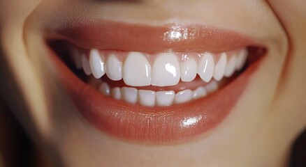 Obraz premium Close-up of perfect white teeth with natural lips, close-up of a healthy smile on a beautiful female face. 