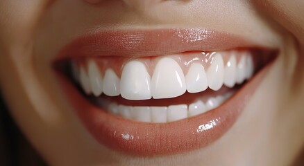 Fototapeta premium Close-up of perfect white teeth with natural lips, close-up of a healthy smile on a beautiful female face. 