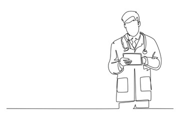 Single continuous line drawing male doctor holding tablet and searching medical record, giving medicine to patient. Medical health care service worker. One line draw graphic design vector illustration