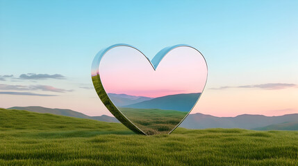 reflective heart shaped sculpture stands in serene landscape, surrounded by lush green grass and gentle hills. soft pastel colors of sky create tranquil atmosphere