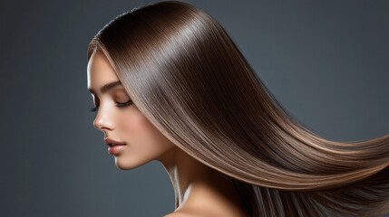 Fototapeta premium The model had straight, shiny brown hair that fell perfectly down her back and glistened in the light. The healthy and glowing texture of her hair is the focal point.