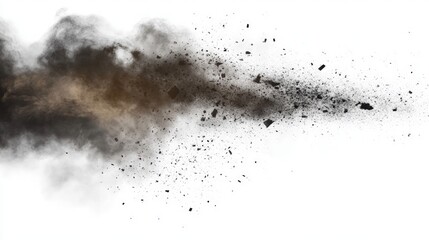 Dynamic airborne particles swirling with dust on a clear backdrop, creating an energetic and textured visual of movement and chaos in the environment.