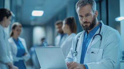 Doctor smiling confidently while working on laptop in modern hospital Surrounded by medical equipment It symbolizes the achievement of a discovery or advancement in patient care.