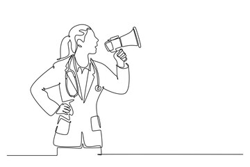 Single one line drawing female doctor announced important information to the patient using loudspeaker megaphone. Medical health worker concept. Continuous line draw design graphic vector illustration