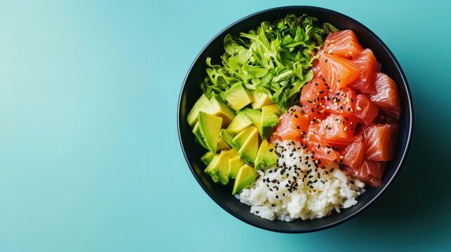 Close-up of a vibrant poke bowl filled with fresh tuna, avocado, and rice, set against a minimalist blue background