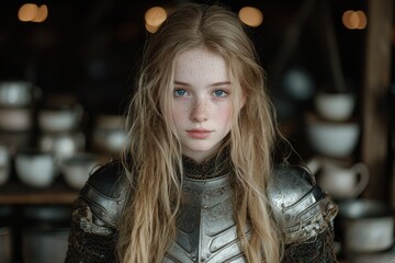 Fototapeta premium Warrior woman with long blonde hair and armor