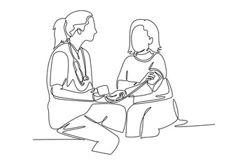 Single one line drawing of female doctor checking patient pulse rate and blood tension using tensiometer. Medical health care treatment concept. Continuous line draw design graphic vector illustration