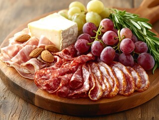 Delicious charcuterie board with cured meats, cheese, and fresh grapes
