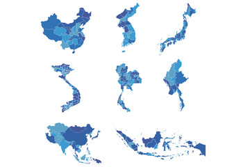 Fototapeta premium Asia map. China, North Korea, South Korea, Japan, Vietnam, Thailand, Myanmar, Indonesia