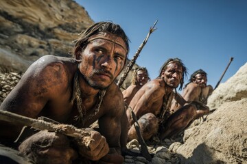 Five primitive hunters with tribal markings crawl stealthily through a rocky desert environment, embodying human endurance and ancient survival techniques.