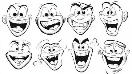 Retro cartoon character face collection, featuring humorous vintage animation style, showcasing trendy 50s mascots with expressive gestures and faces on a black and white background