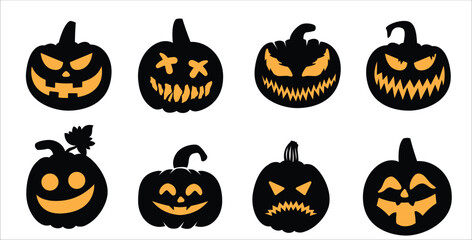 Halloween pumpkin head collection. Pumpkin with evil face. Halloween pumpkins with smirk smile. Vector stock illustration for sticker, wall decor, hanging door decoration.