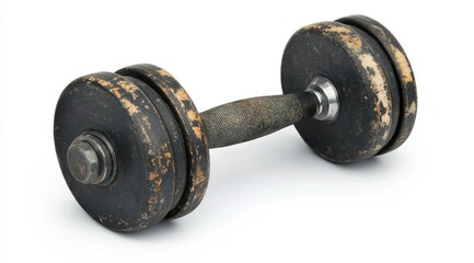 Isolated from background, old heavy beaten gym dumbbell hand weights with rubber surface. Sports, fitness, bodybuilding, wellbeing and weight lifting related isolated background