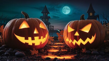 Halloween, jack-o'-lantern, pumpkin, spooky, creepy, haunted forest, full moon, glowing eyes, twisted trees, dark atmosphere, eerie, scary, nighttime, shadows, silhouette, orange glow, blue tones, hor