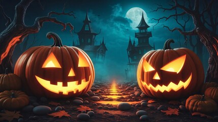 Halloween, jack-o'-lantern, pumpkin, spooky, creepy, haunted forest, full moon, glowing eyes, twisted trees, dark atmosphere, eerie, scary, nighttime, shadows, silhouette, orange glow, blue tones, hor