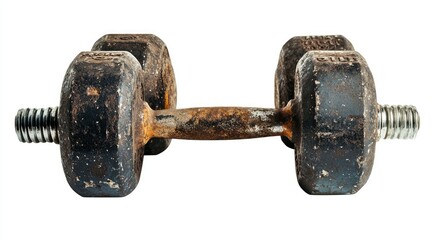 Isolated from background, old heavy beaten gym dumbbell hand weights with rubber surface. Sports, fitness, bodybuilding, wellbeing and weight lifting related isolated background