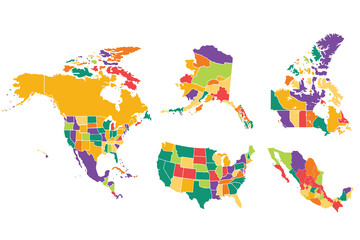 North America countries, political map. Continent bordered by South America, Caribbean.Canada, United States, Mexico.Multi colored illustration.