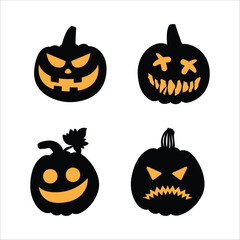 Halloween pumpkin head collection. Pumpkin with evil face. Halloween pumpkins with smirk smile. Vector stock illustration for sticker, wall decor, hanging door decoration.