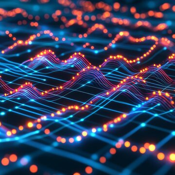AI-driven neural networks, visualized as holographic data waves, futuristic research lab