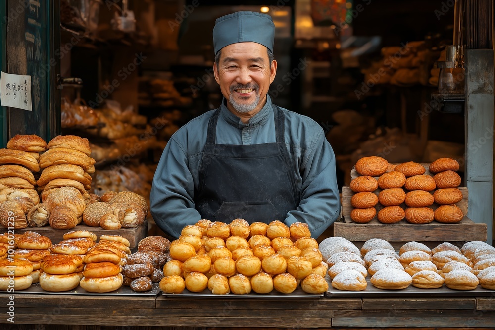 Poster Man is standing behind a counter with a variety of pastries. He is smiling and he is happy. a chinese baker
