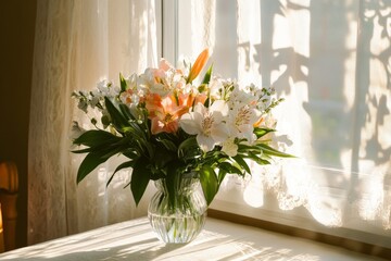 A vibrant bouquet of lilies and assorted flowers sits elegantly in a glass vase, illuminated by the sun's rays passing through a lace-curtained window, casting soft shadows.