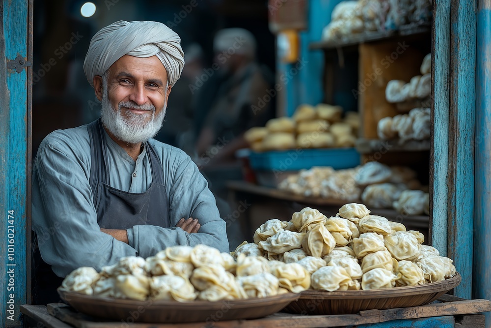 Poster man with a white turban is smiling and standing in front of a table with a lot of food. cook from pa