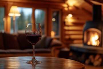 A wine glass is set on a wooden table in a cozy log cabin, beautifully blending with the warm and inviting atmosphere created by the fireplace in the background.