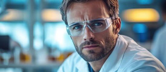 Fototapeta premium Close-up portrait of a concentrated scientist wearing safety glasses in a laboratory setting.
