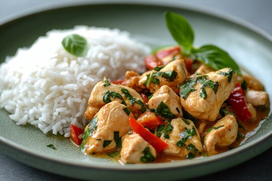 Selective Focus on Thai Red Curry Chicken with Steamed Rice