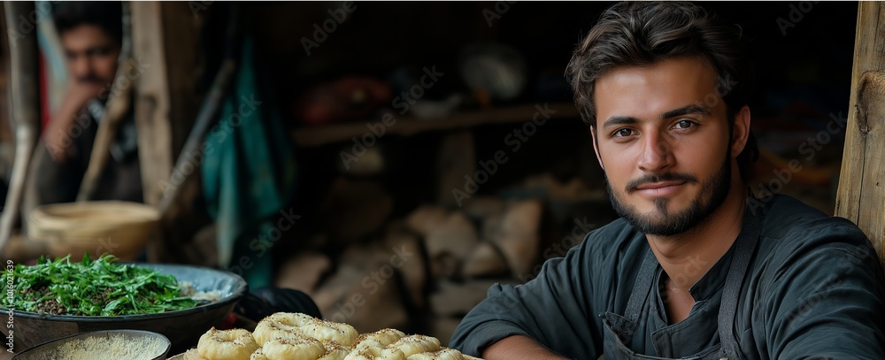 Poster man is smiling and standing in front of a table with a lot of food. cook from pakistan sits at the t
