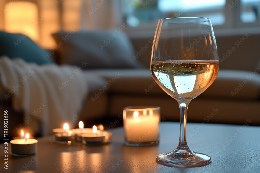Poster a relaxed atmosphere is set with a wine glass on a table, surrounded by lit candles and a cozy sofa 