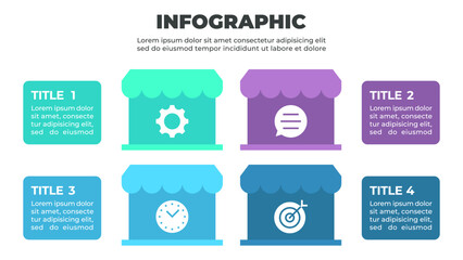 A colorful infographic illustrating a four-step process represented by four store