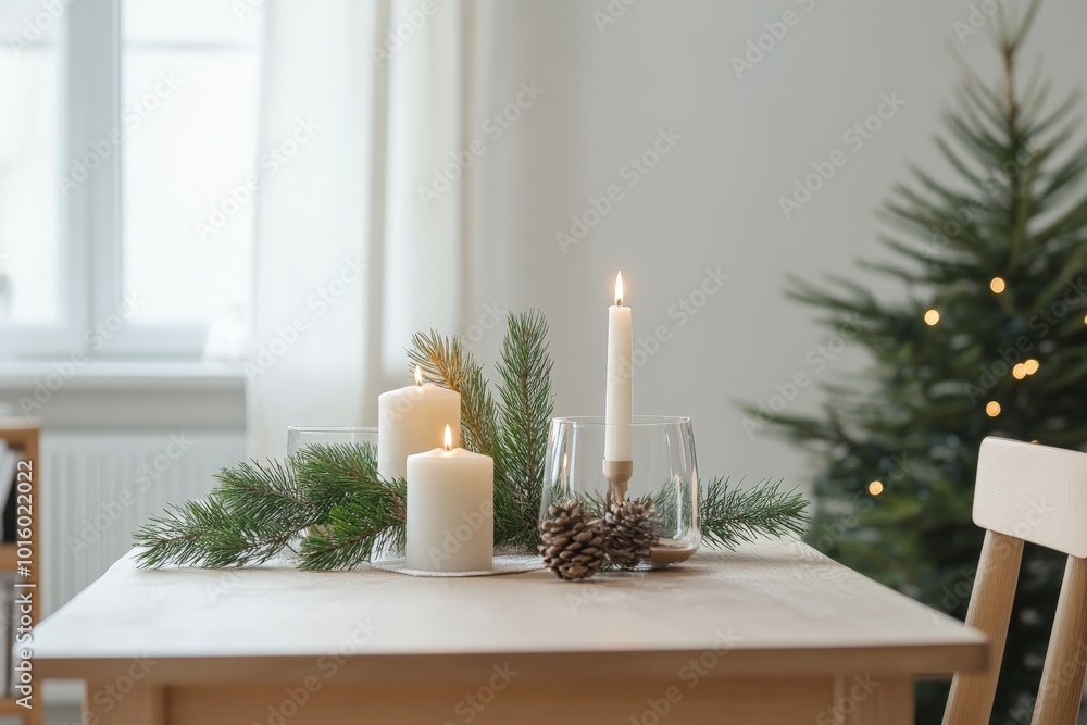 Aufkleber a serene minimalist dining setting with a wooden table adorned with white candles and fresh pine ele