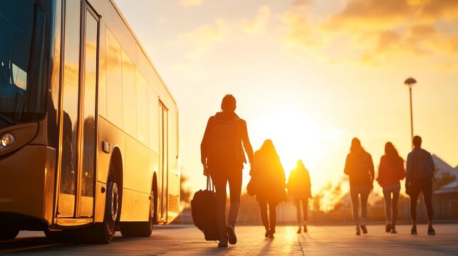 People Walking Away from Bus at Sunset