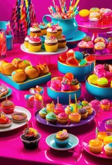 Naklejka premium vibrant junk food spread colorful tableware bright eye catching delicious treats arranged visually appealing feast, plates, snacks, burgers, fries