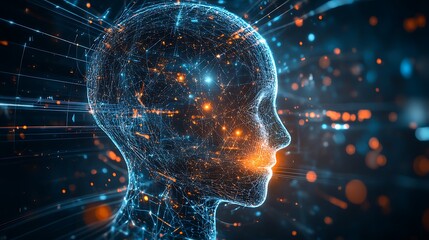 Digital human face representing artificial intelligence with modern technological elements