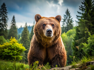 Fototapeta premium Majestic grizzly bear standing in lush green forest, surrounded by trees and nature. bears powerful presence evokes sense of awe and respect for wildlife
