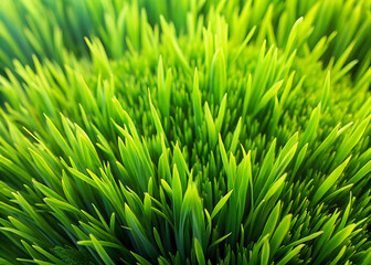 Lush green grass with vibrant blades creating natural, serene atmosphere. close up captures intricate details and textures, evoking sense of freshness and tranquility