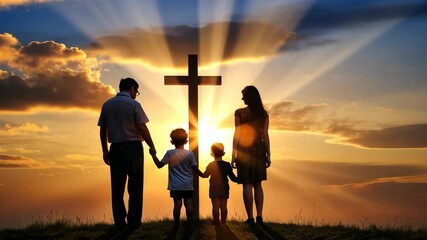 Silhouette, family and Christian cross for praying, religion and funeral social gathering