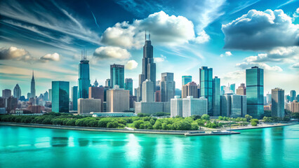 Naklejka premium stunning view of Chicago skyline featuring modern skyscrapers and vibrant blue river. scene captures essence of urban life with beautiful sky and lush greenery