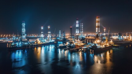Illuminated Oil Rigs and Ships Docked in a Harbor at Night