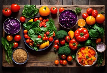 colorful healthy plant based meal arrangement interesting textured background featuring fresh ingredients vibrant colors, dish, vegetable, fruit, plate