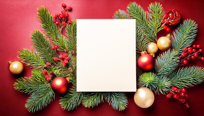 A blank Christmas card is elegantly placed at the center of a festive arrangement. Surrounding the card are lush green pine branches, Christmas greeting card, holiday greeting card designs 