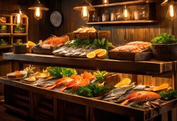 Obraz premium vibrant close fresh seafood displaying raw ingredients rich textures glossy surfaces, fish, shrimp, octopus, crab, clam, lobster, shellfish, mussel