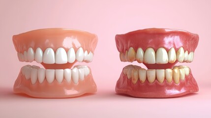 Obraz premium A realistic depiction of a set of isolated teeth, illustrating both clean and dirty versions, emphasizing the role of dental hygiene in preventing bacterial buildup and maintaining oral health