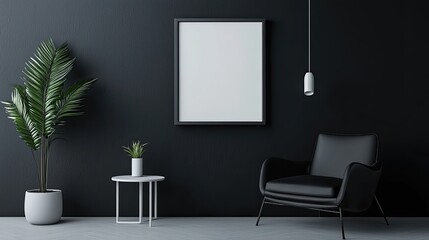 Minimalistic living room interior with black walls, concrete floor, gray armchair and mock up poster frame